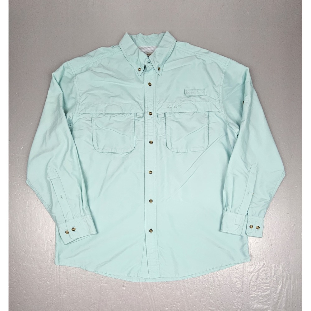 LL Bean Button Up Shirt Mens Large Mint Blue Vented Pocket Fishing Hiking